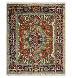 Custom Made Rust, Mustard, Ivory and Blue Hand Knotted Traditional Wool Area Rug
