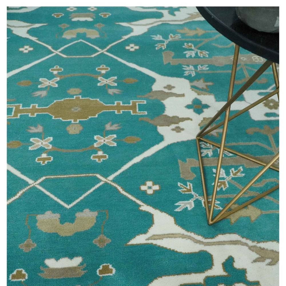 Custom Made Teal and Ivory Hand knotted Oriental Oushak Multi Size wool Area Rug