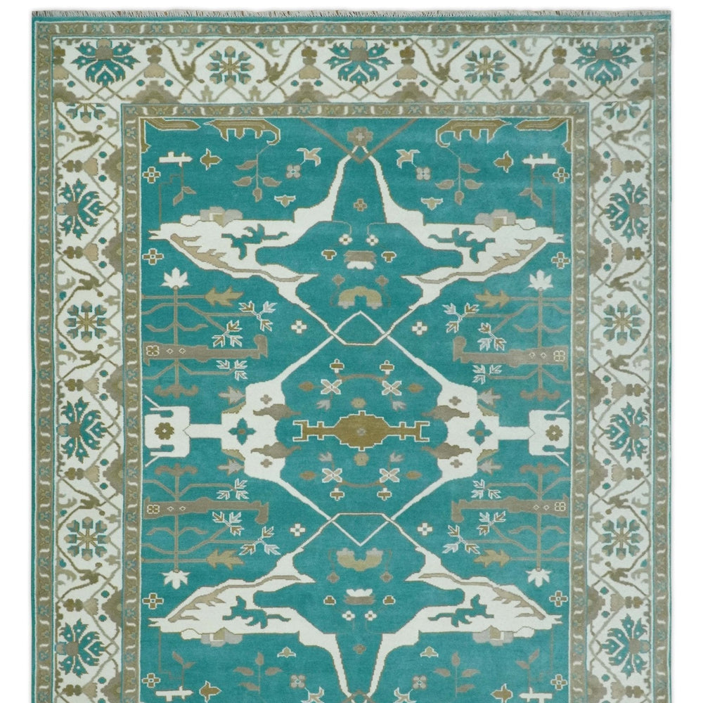 Custom Made Teal and Ivory Hand knotted Oriental Oushak Multi Size wool Area Rug