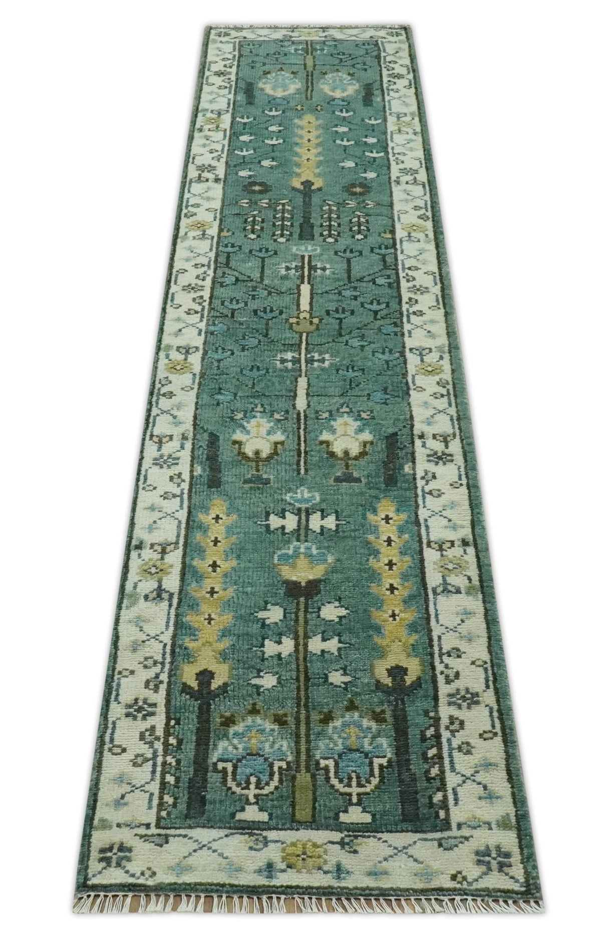 Custom Made Teal And Ivory Tree of life Hand Knotted Runner Rug