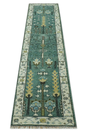 Custom Made Teal And Ivory Tree of life Hand Knotted Runner Rug