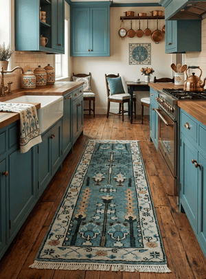 Custom Made Teal And Ivory Tree of life Hand Knotted Runner Rug