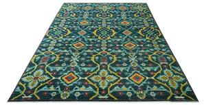 Custom Made Teal And Mustard Traditional Floral Motifs Hand Knotted Wool Rug