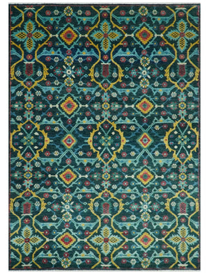 Custom Made Teal And Mustard Traditional Floral Motifs Hand Knotted Wool Rug