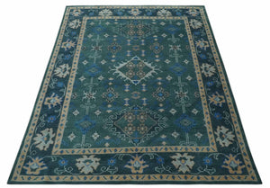 Custom Made Teal, Blue, Peach and Silver Hand Knotted Traditional Heriz wool Area Rug