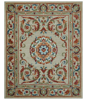 Custom Made Traditional Aubusson Design Beige And Brown Hand Tufted Wool Area Rug
