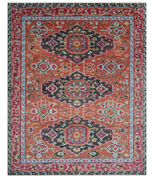 Custom Made Traditional Central Medallions Design Rust And Black Hand Knotted Wool Rug