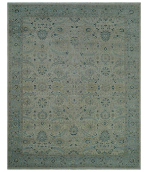 Custom Made Traditional Distressed Blue And Beige Hand Knotted wool area rug