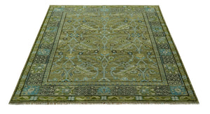 Custom Made Traditional Floral Green and Aqua Hand Knotted wool area rug