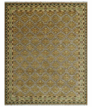 Custom Made Traditional Geometrical Motifs Olive and Rust Hand Knotted wool area rug
