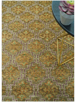 Custom Made Traditional Geometrical Motifs Olive and Rust Hand Knotted wool area rug