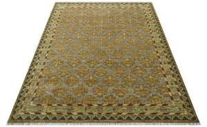 Custom Made Traditional Geometrical Motifs Olive and Rust Hand Knotted wool area rug