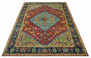 Custom Made Traditional Heriz Design Maroon And Olive Hand Knotted Wool Rug