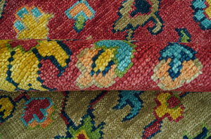 Custom Made Traditional Heriz Design Maroon And Olive Hand Knotted Wool Rug