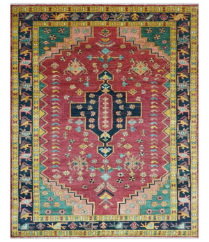 Custom Made Traditional Heriz Design Red And Green Hand Knotted Wool Rug