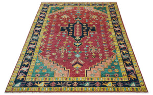 Custom Made Traditional Heriz Design Red And Green Hand Knotted Wool Rug