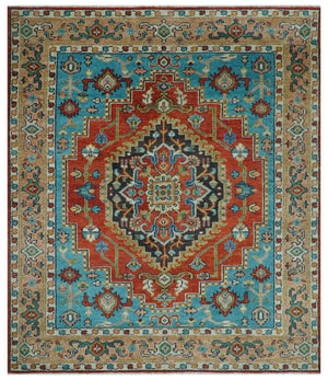 Custom Made Traditional Heriz Design Rust And Blue Hand Knotted Wool Rug