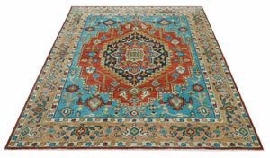 Custom Made Traditional Heriz Design Rust And Blue Hand Knotted Wool Rug