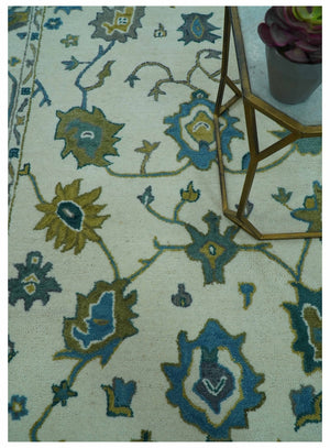 Custom Made Traditional Ivory And Blue Oushak Hand Tufted Wool Area Rug