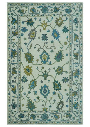 Custom Made Traditional Ivory And Blue Oushak Hand Tufted Wool Area Rug