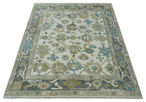 Custom Made Traditional Ivory and Charcoal Hand knotted Oushak Wool Area Rug