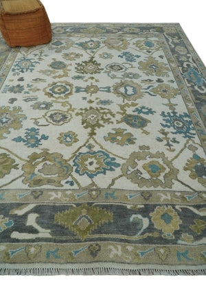 Custom Made Traditional Ivory and Charcoal Hand knotted Oushak Wool Area Rug