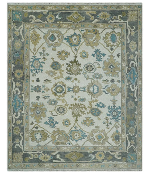 Custom Made Traditional Ivory and Charcoal Hand knotted Oushak Wool Area Rug