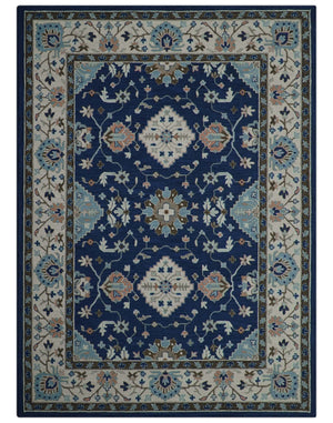 Custom Made Traditional Oriental Design Blue And Beige Hand-Tufted Wool Area Rug