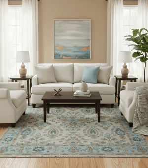 Custom Made Traditional Oriental Design Ivory And Blue Hand knotted Wool Area Rug
