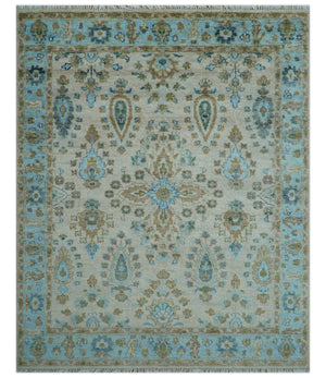 Custom Made Traditional Oriental Design Ivory And Blue Hand knotted Wool Area Rug