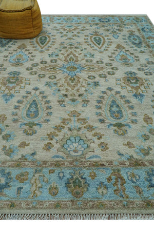 Custom Made Traditional Oriental Design Ivory And Blue Hand knotted Wool Area Rug