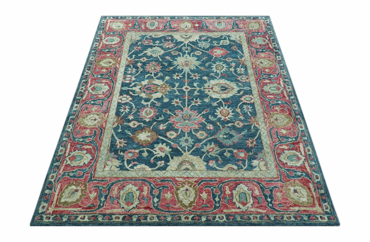 Custom Made Traditional Oushak Design Teal Hand Tufted Wool  Rug
