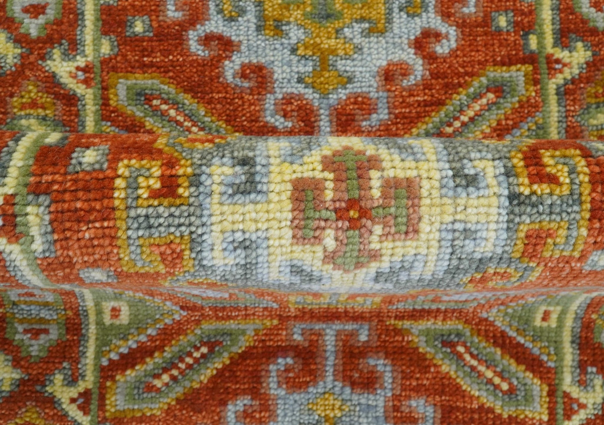 Custom Made Traditional Rust And Green Hand Knotted Runner Wool Rug