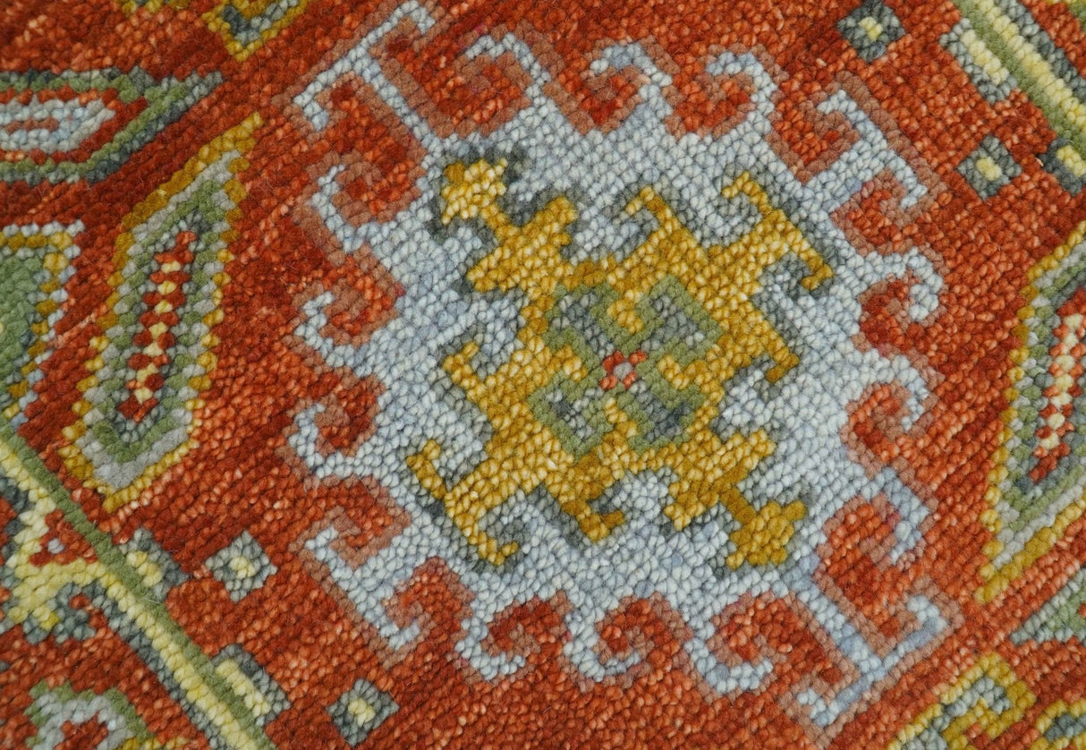Custom Made Traditional Rust And Green Hand Knotted Runner Wool Rug