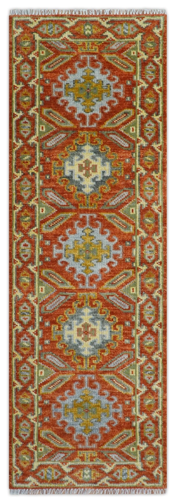 Custom Made Traditional Rust And Green Hand Knotted Runner Wool Rug