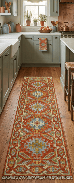 Custom Made Traditional Rust And Green Hand Knotted Runner Wool Rug