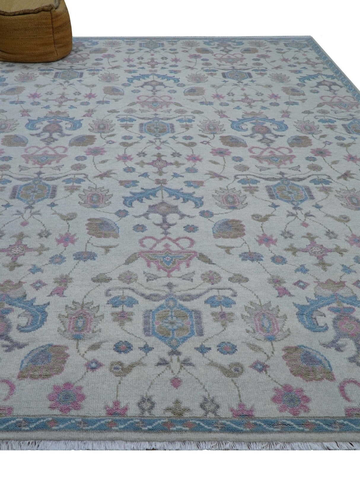Custom Made Traditional Style Ivory And Blue Hand Knotted Wool Area Rug