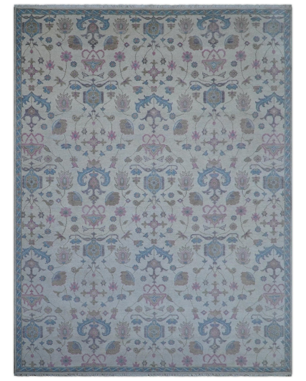 Custom Made Traditional Style Ivory And Blue Hand Knotted Wool Area Rug
