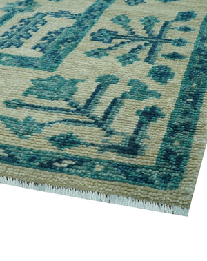 Custom Made Traditional Tree of Life Teal And Ivory Hand Knotted Wool Rug