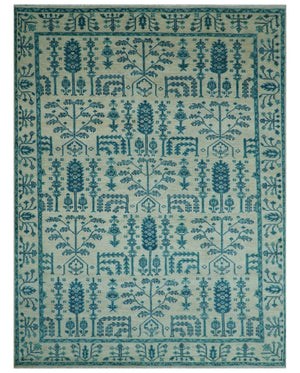Custom Made Traditional Tree of Life Teal And Ivory Hand Knotted Wool Rug