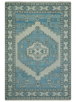 Custom Made Traditional Turkish Blue And Ivory Hand Knotted Wool Area Rug