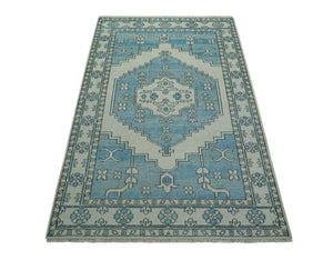 Custom Made Traditional Turkish Blue And Ivory Hand Knotted Wool Area Rug
