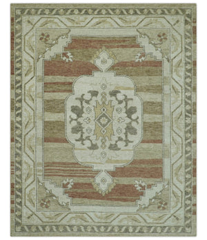 Custom Made Traditional Turkish Design Beige And Rust Hand knotted Wool Area Rug