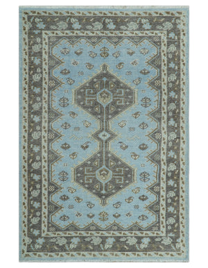 Custom Made Traditional Turkish design Blue And Brown Hand Knotted Wool Area Rug