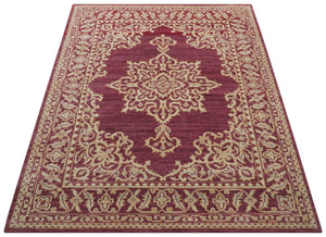 Custom Made Traditional Turkish Maroon And Beige Hand Knotted Wool Rug