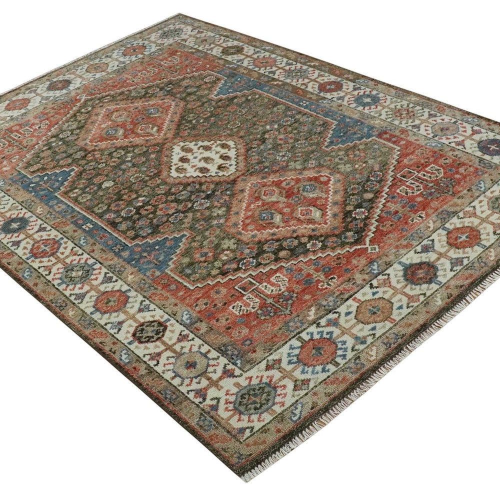 Custom made Traditional Vintage Style Green, Rust and Ivory Turkish design wool Area Rug