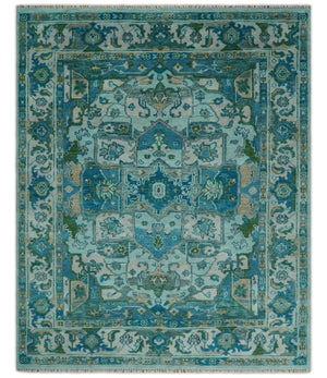 Custom Made Transitional Aqua and Ivory Hand Knotted Antique Style Traditional Wool Rug