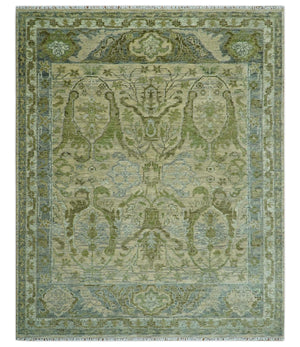 Custom Made Transitional Beige, Green and Blue Hand Knotted wool area rug