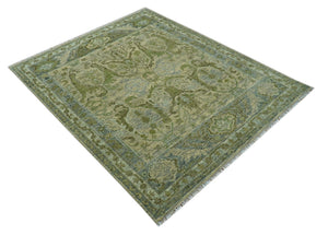 Custom Made Transitional Beige, Green and Blue Hand Knotted wool area rug