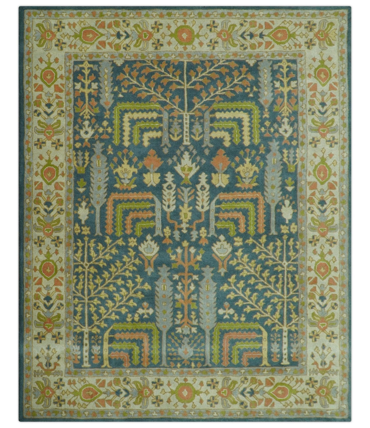Custom Made Tree of Life Beige And Teal Floral Design Hand Tufted  Wool Area Rug